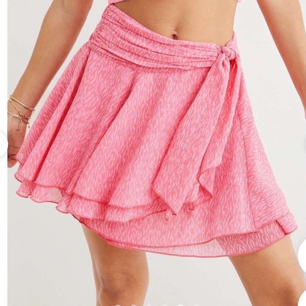Aerie Chiffon Ruffle Wrap Mini Skirt Pink Clay Size Large